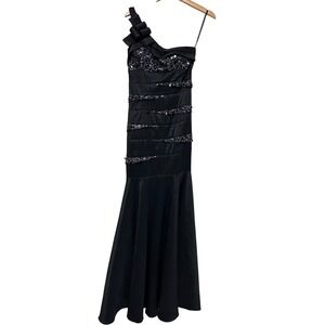 Y2K Betsy & Adam Black One Shoulder Sequin Bow Mermaid Prom Goth Dress. size 6